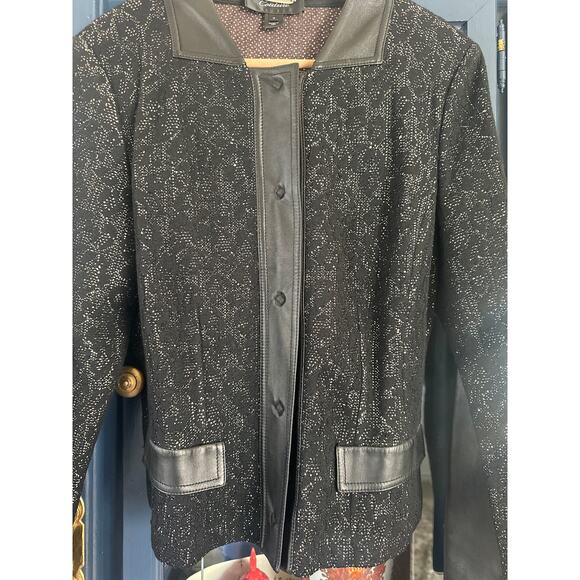 St John Couture Tweed wool Blazer Jacket Size 12 Black Leather Trim  button Knit - Picture 2 of 11